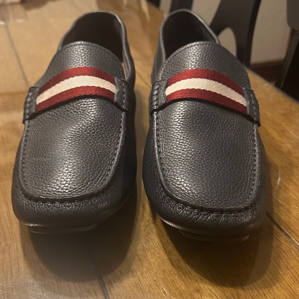 Men's Bally Navy Leather Loafers with Red and White Stripes
